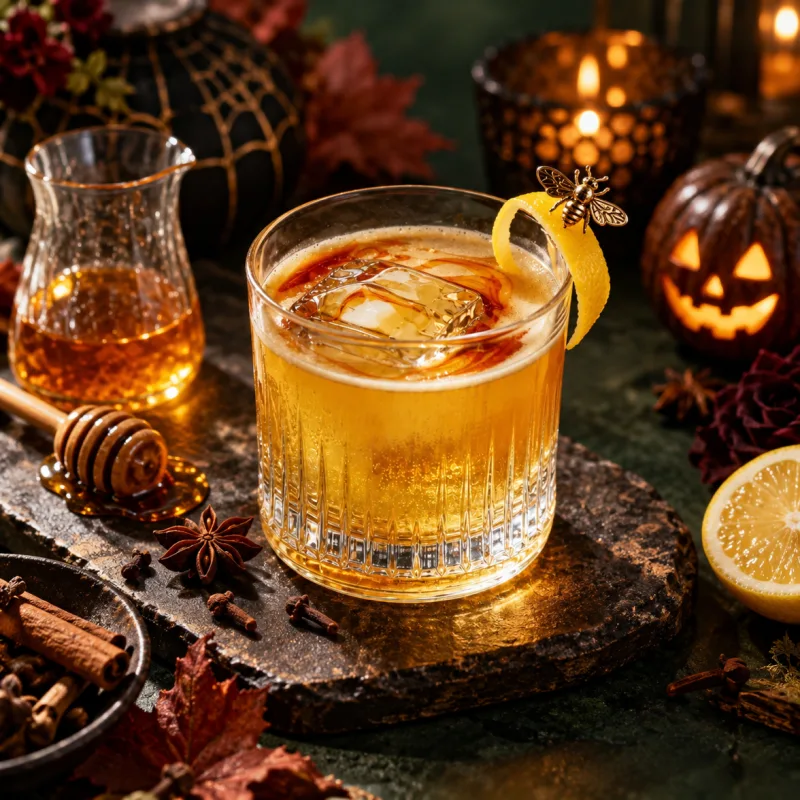 A golden honey cocktail over a large ice cube, garnished with a lemon twist and a small brass bee, candlelit beside a carved jack-o’-lantern