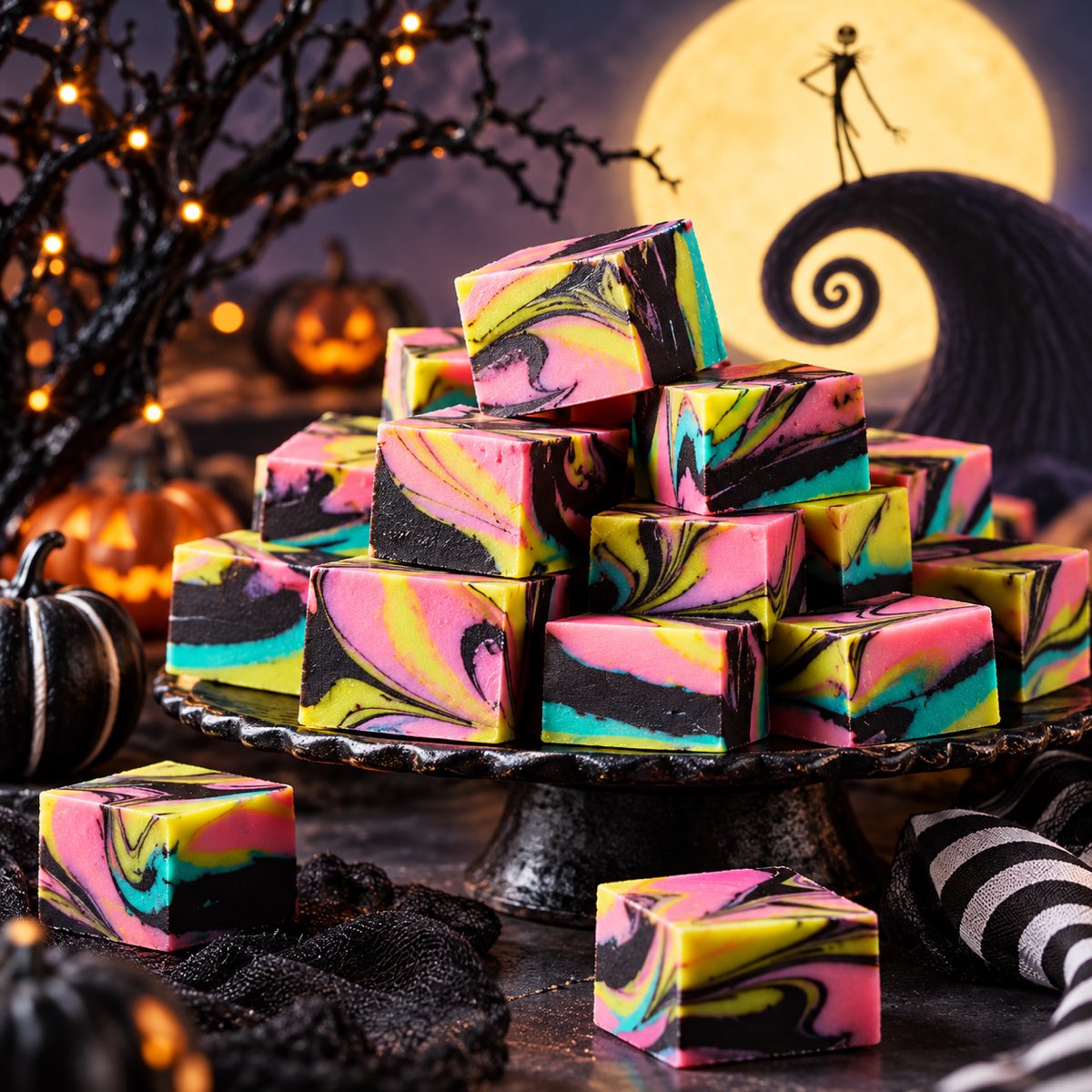 Swirled pink, yellow, teal and black Halloween fudge stacked on a black cake stand