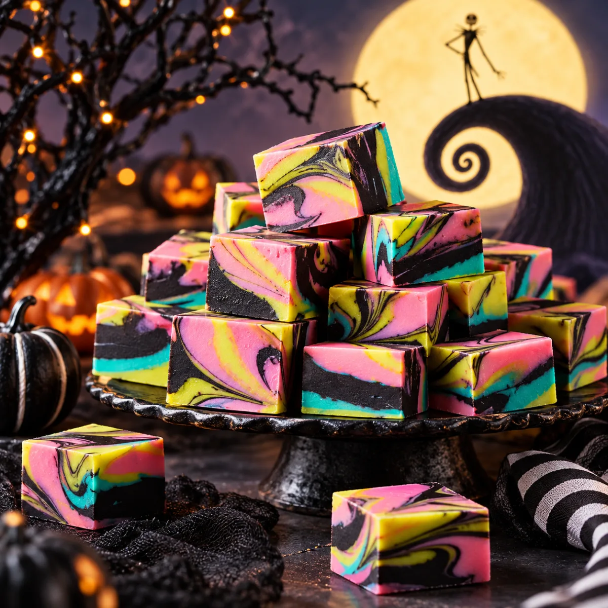 Swirled pink, yellow, teal and black Halloween fudge stacked on a black cake stand