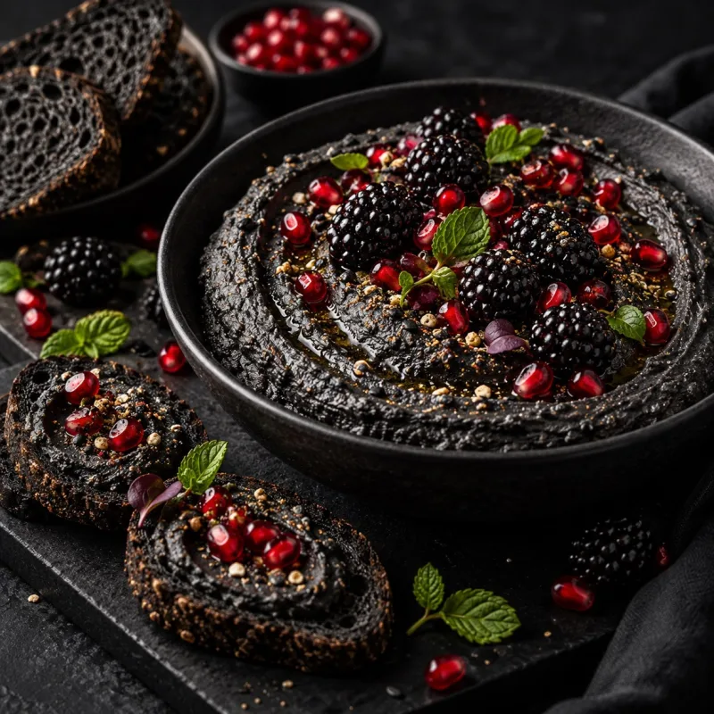 Black sesame hummus in a dark bowl, topped with blackberries, pomegranate seeds and mint, served with swirled cocoa bread slices