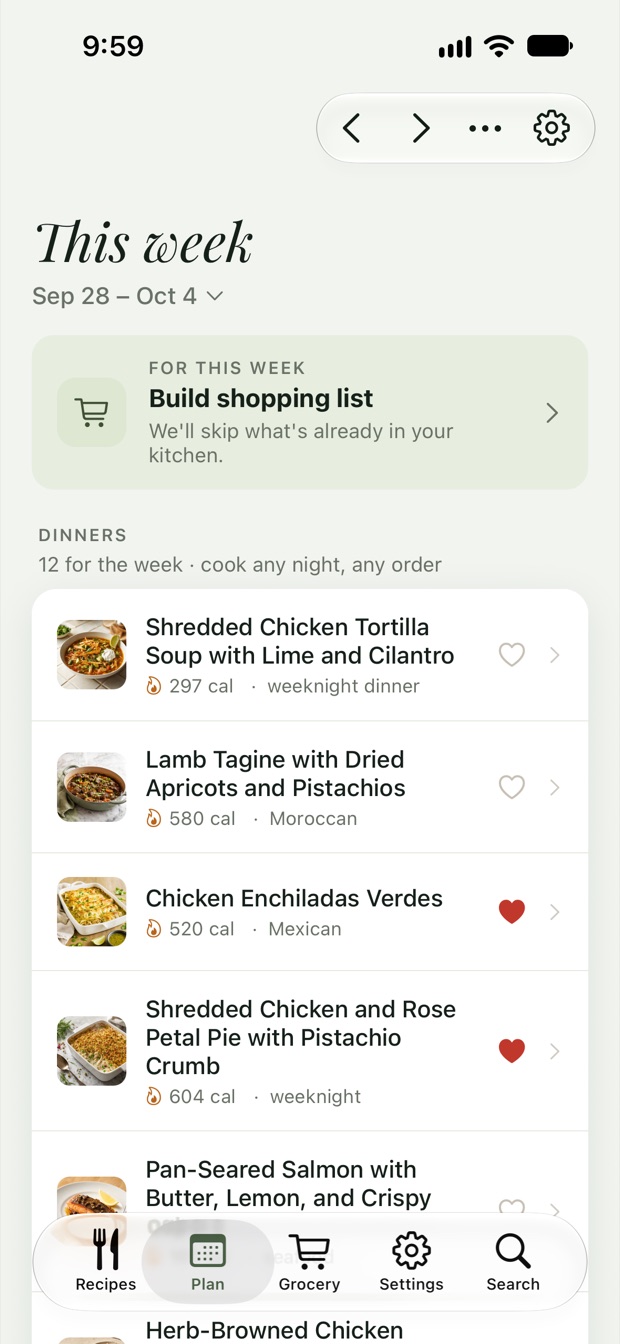 Meal Whisperer’s Plan tab: this week’s dinners with a Build shopping list prompt